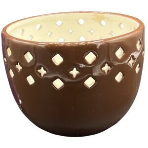 🕯️Brown Ceramic Cutout Lantern Bowl Tea Light Holder Boho Cottagecore Decor Set
